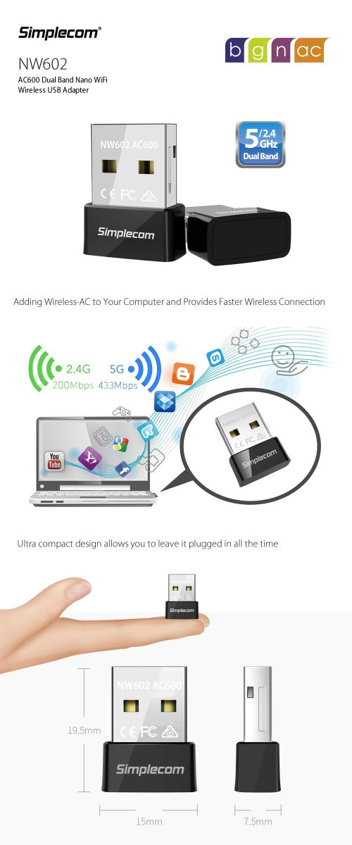 Simplecom NW602 AC600 Dual Band Nano USB Wireless Network Adapter