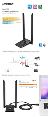 Simplecom NW628 AC1200 Dual Band USB 3.0 WiFi Adapter with High Gain Antennas