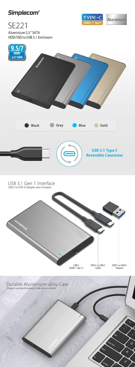 Stylish Aluminium USB 3.1 Enclosure for 2.5'' SATA HDD/SSD – Simplecom SE221