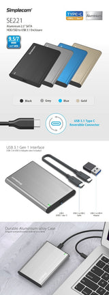 Simplecom SE221 Stylish Aluminium USB 3.1 Enclosure for 2.5'' SATA HDD/SSD in Blue