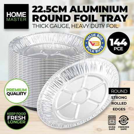 Home Master Premium 22.5cm Round Aluminium Foil Trays - 144 Pack for Cooking and Baking