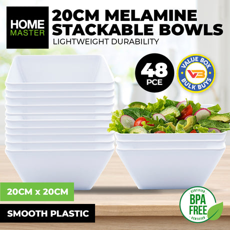 Home Master 48-Piece Stackable Square Melamine Bowls - Durable & Lightweight 20cm