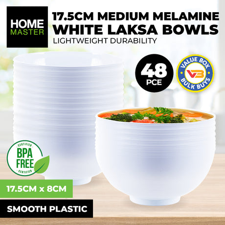 Home Master 48-Piece Durable Melamine Laksa Bowls - Lightweight, Scratch & Chip Resistant, 17.5cm