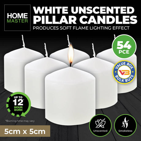 Home Master 54-Piece White Unscented Pillar Candles with 12-Hour Burn Time - 5cm