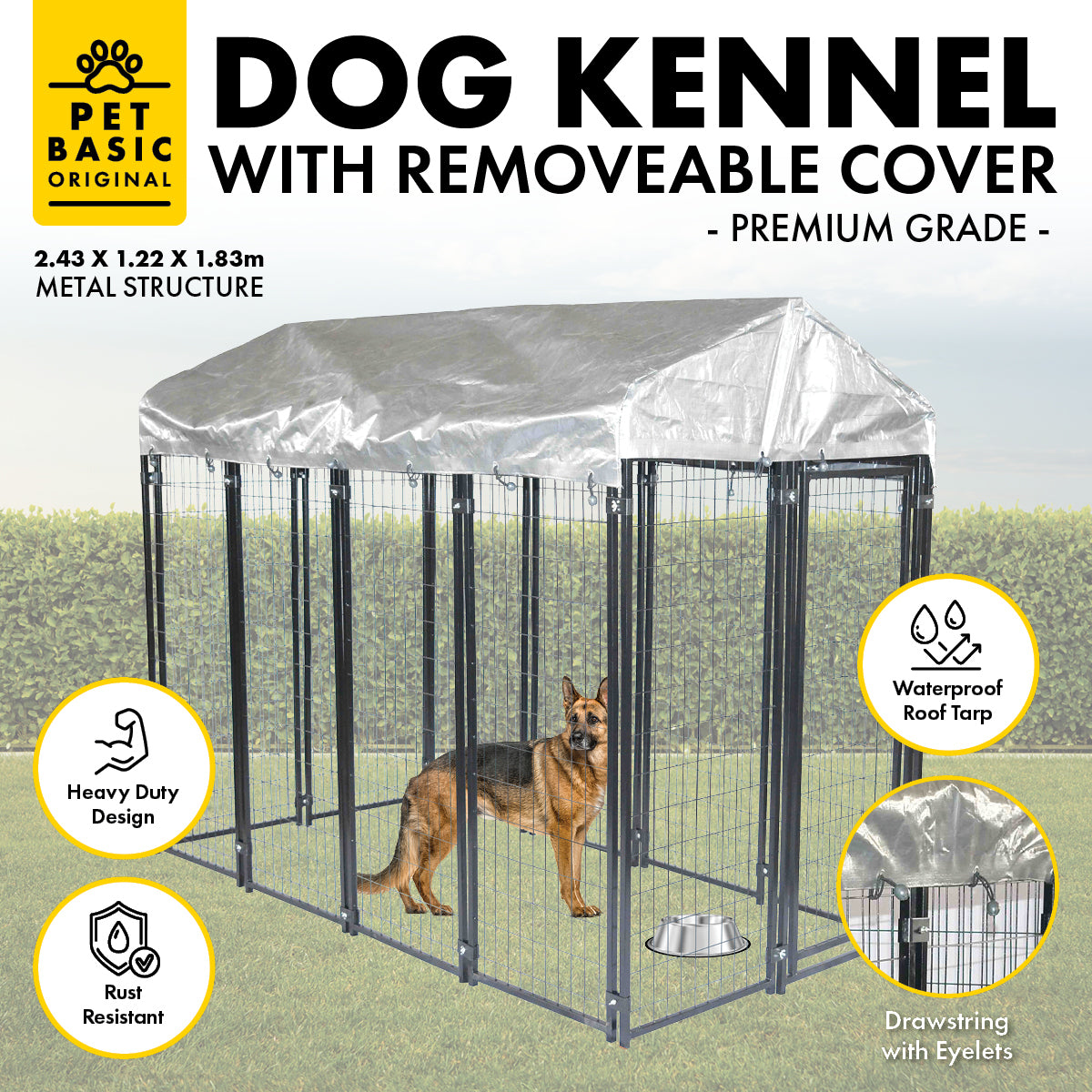 Heavy-Duty Waterproof Dog Kennel Enclosure with Lockable Gate - 1.83 x 2.43 x 1.22m