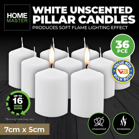 Home Master 36-Pack White Unscented Pillar Candles with 16-Hour Burn Time - 7cm