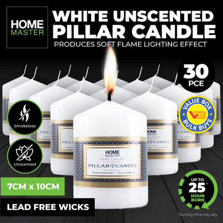 30-Pack White Unscented Pillar Candles for Home Décor, Weddings, and Parties - 10cm Height