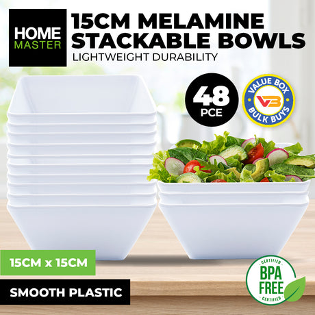 Home Master 48-Piece Lightweight Square Melamine Bowls - 15cm Durable and Unbreakable