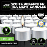 Bulk Pack of 600 Unscented White Tealight Candles for Home, Weddings, and Events