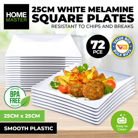 Home Master 72-Piece Square Melamine Plates - Lightweight, Durable, and Chip-Resistant (25cm)