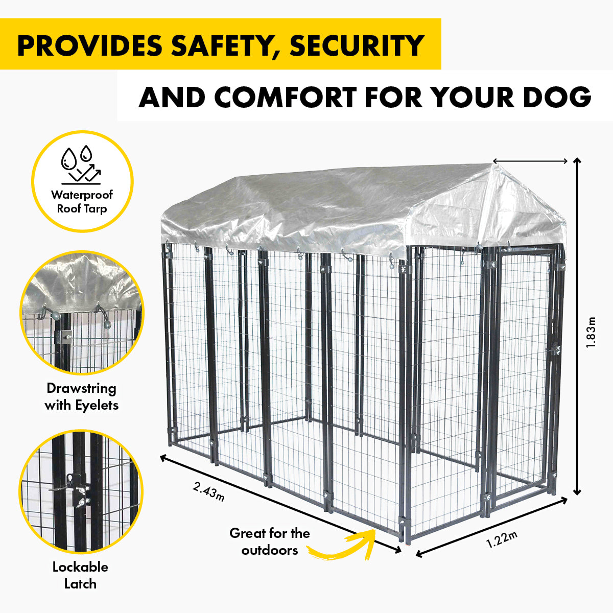 Heavy-Duty Waterproof Dog Kennel Enclosure with Lockable Gate - 1.83 x 2.43 x 1.22m